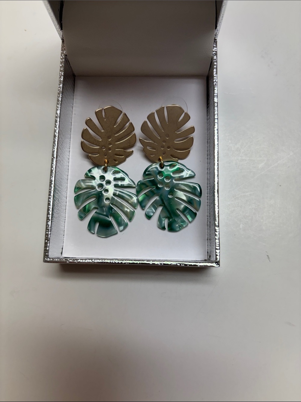 House of Harlow 1960 Gold and Green Monstera Leaf drop earrings